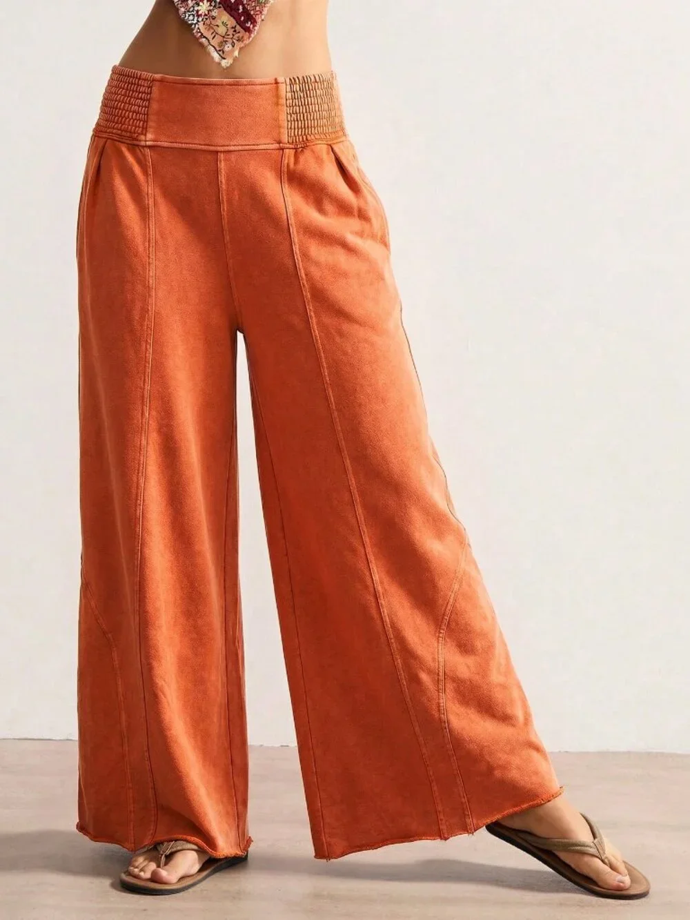 Orange Casual Women's Boho Knit Loose Wide Leg Washed Long Pants